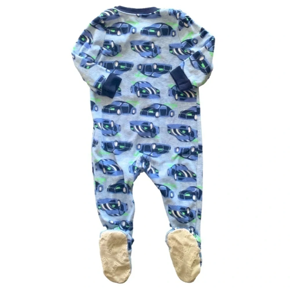 Carters Simple Joys Blue Green Striped Cars Fleece Onesie Footed Pajamas 12mos